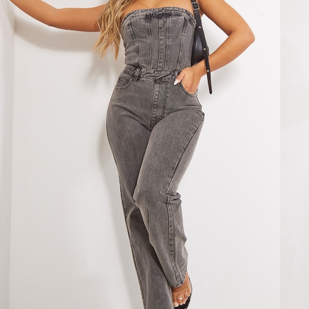 PrettyLittleThing Gray Denim Jumpsuit with Structured Bodice